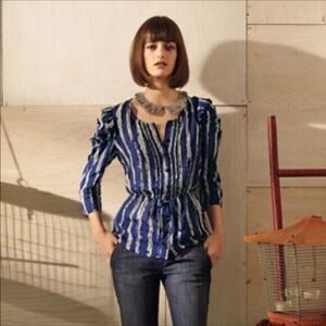 Anthropologie We Love Vera Rochelle Blouse Button Front Tie Waist Rayon Size 10